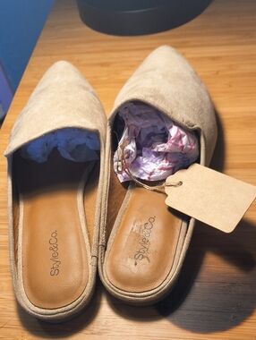Style & Co. Mulan Khaki Faux Suede Pointed Toe Slip On Slipper Mules 7.5